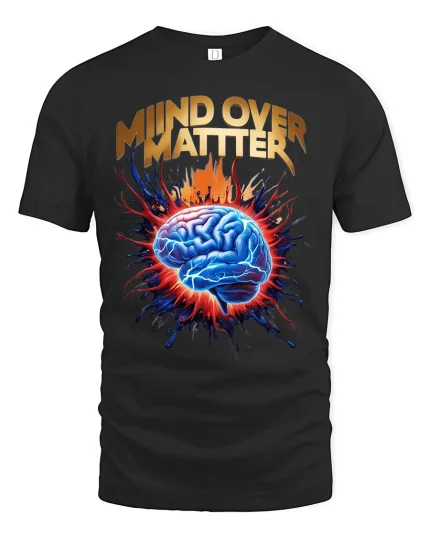 Mind Over Matter Motivation Tee with Exploding Brain Graphic Art - black t-shirt on white background