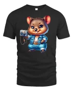 Cute Photographer Animal Tee with Camera and Denim Outfit Design - black t-shirt on white background