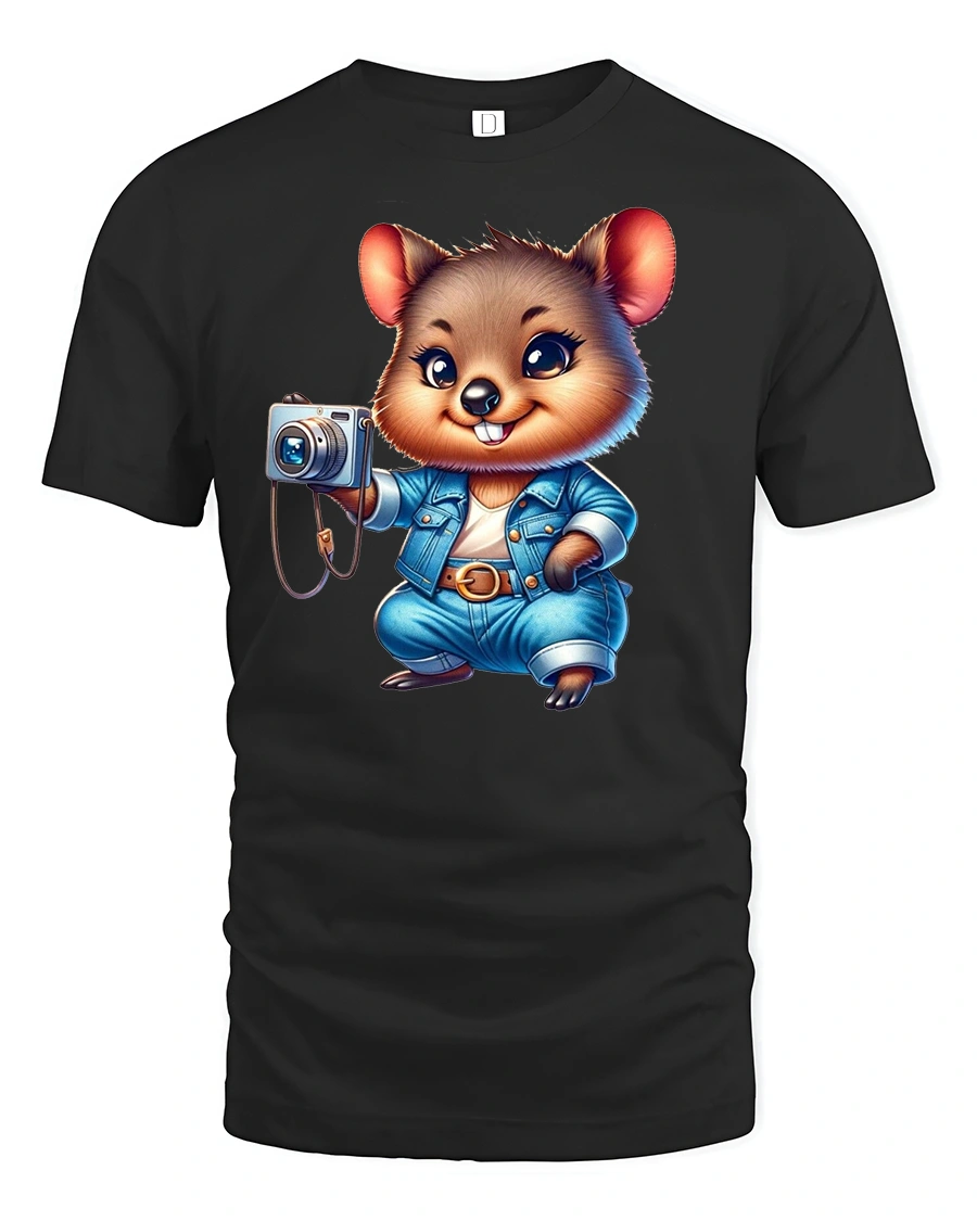 Cute Photographer Animal Tee with Camera and Denim Outfit Design - 1 Cute Photographer Animal Tee with Camera and Denim Outfit Design - black t-shirt on white background