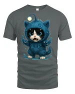 Cute Angry Monster Cat Graphic Tee with Blue Furry Creature Art - gray t-shirt on white background