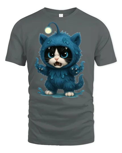 Cute Angry Monster Cat Graphic Tee with Blue Furry Creature Art - gray t-shirt on white background