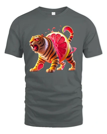 Ferocious Citrus Tiger Tee with Vibrant Grapefruit Art Print - gray t-shirt on white background