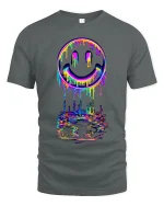 Neon Drip Smiley Tee - Vibrant Melted Rainbow Streetwear - gray t-shirt on white background