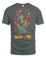 Psychedelic Mushroom Skeleton Hand Tee for Trippy Style Lovers - gray t-shirt on white background
