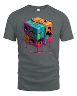 Melting Neon Cube Tee - Dripping Retro Puzzle Art T-Shirt - gray t-shirt on white background