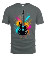 Vibrant Electric Guitar Splash Art Tee for Music Lovers - gray t-shirt on white background