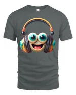 Cute Smiley Headphone Graphic Tee with Big Eyes and Fun Music Vibes - gray t-shirt on white background