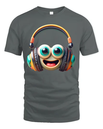 Cute Smiley Headphone Graphic Tee with Big Eyes and Fun Music Vibes - gray t-shirt on white background