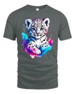 Cute Snow Leopard Cub Art Tee with Color Splash Design - gray t-shirt on white background