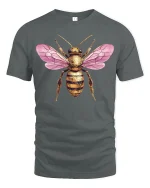 Pink Winged Golden Bee Art Tee for Nature Lovers - gray t-shirt on white background