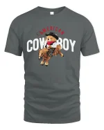 Cute American Cowboy Bear Tee Riding Horse in Fun Western Style - gray t-shirt on white background