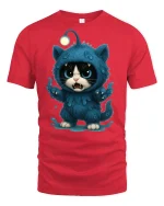 Cute Angry Monster Cat Graphic Tee with Blue Furry Creature Art - red t-shirt on white background