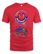 Neon Drip Smiley Tee - Vibrant Melted Rainbow Streetwear - red t-shirt on white background