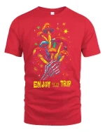 Psychedelic Mushroom Skeleton Hand Tee for Trippy Style Lovers - red t-shirt on white background