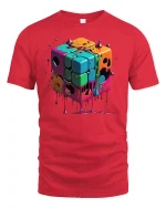 Melting Neon Cube Tee - Dripping Retro Puzzle Art T-Shirt - red t-shirt on white background