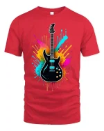 Vibrant Electric Guitar Splash Art Tee for Music Lovers - red t-shirt on white background