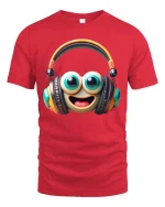 Cute Smiley Headphone Graphic Tee with Big Eyes and Fun Music Vibes - red t-shirt on white background