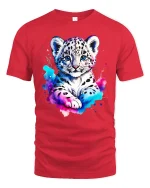 Cute Snow Leopard Cub Art Tee with Color Splash Design - red t-shirt on white background