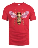 Pink Winged Golden Bee Art Tee for Nature Lovers - red t-shirt on white background
