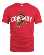 Cute American Cowboy Bear Tee Riding Horse in Fun Western Style - red t-shirt on white background