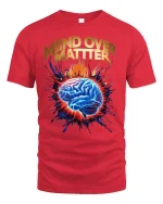 Mind Over Matter Motivation Tee with Exploding Brain Graphic Art - red t-shirt on white background