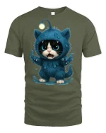 Cute Angry Monster Cat Graphic Tee with Blue Furry Creature Art - military green t-shirt on white background