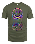 Neon Drip Smiley Tee - Vibrant Melted Rainbow Streetwear - military green t-shirt on white background