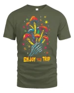 Psychedelic Mushroom Skeleton Hand Tee for Trippy Style Lovers - military green t-shirt on white background