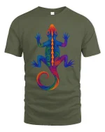 Vibrant Rainbow Gecko Art Tee for Lizard Lovers and Trend Fans - military green t-shirt on white background