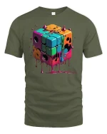 Melting Neon Cube Tee - Dripping Retro Puzzle Art T-Shirt - military green t-shirt on white background