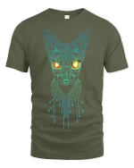 Cyber Circuit Cat Glow Tee for Sci-Fi Fans and Tech Lovers - military green t-shirt on white background