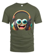 Cute Smiley Headphone Graphic Tee with Big Eyes and Fun Music Vibes - military green t-shirt on white background