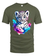 Cute Snow Leopard Cub Art Tee with Color Splash Design - military green t-shirt on white background