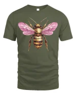 Pink Winged Golden Bee Art Tee for Nature Lovers - military green t-shirt on white background