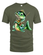 Cute Fisher Fish Cartoon Tee with Vest, Hat and Funny Adventure Style - military green t-shirt on white background