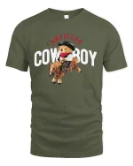 Cute American Cowboy Bear Tee Riding Horse in Fun Western Style - military green t-shirt on white background