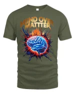 Mind Over Matter Motivation Tee with Exploding Brain Graphic Art - military green t-shirt on white background