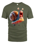 Turbo Snail Skateboarding Tee - Funny Cartoon Speed T-Shirt - military green t-shirt on white background