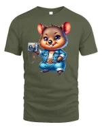 Cute Photographer Animal Tee with Camera and Denim Outfit Design - military green t-shirt on white background