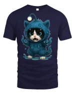 Cute Angry Monster Cat Graphic Tee with Blue Furry Creature Art - navy t-shirt on white background