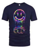 Neon Drip Smiley Tee - Vibrant Melted Rainbow Streetwear - navy t-shirt on white background
