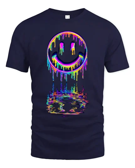 Neon Drip Smiley Tee - Vibrant Melted Rainbow Streetwear - navy t-shirt on white background
