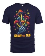 Psychedelic Mushroom Skeleton Hand Tee for Trippy Style Lovers - navy t-shirt on white background