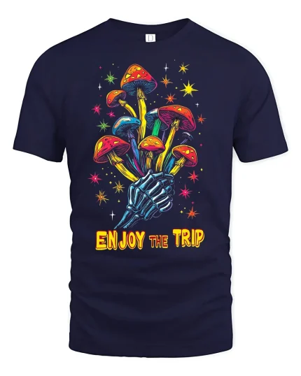 Psychedelic Mushroom Skeleton Hand Tee for Trippy Style Lovers - navy t-shirt on white background