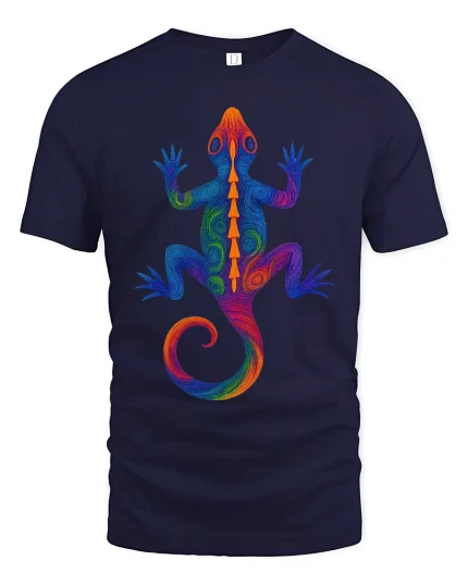 Vibrant Rainbow Gecko Art Tee for Lizard Lovers and Trend Fans - navy t-shirt on white background