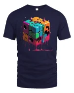 Melting Neon Cube Tee - Dripping Retro Puzzle Art T-Shirt - navy t-shirt on white background