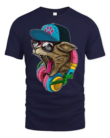 Cool DJ Cat Headphones Tee for Music Lovers Funny T-Shirt - navy t-shirt on white background