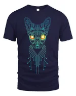 Cyber Circuit Cat Glow Tee for Sci-Fi Fans and Tech Lovers - navy t-shirt on white background