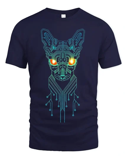 Cyber Circuit Cat Glow Tee for Sci-Fi Fans and Tech Lovers - navy t-shirt on white background