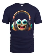Cute Smiley Headphone Graphic Tee with Big Eyes and Fun Music Vibes - navy t-shirt on white background